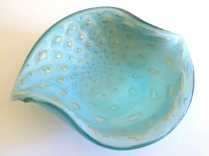 VTG MID CENTURY MODERN MURANO AQUA OPALINE GOLD FLECK BUBBLE ART GLASS BOWL - Picture 1 of 12