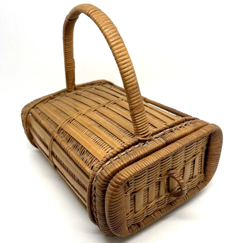 VTG Rattan Bamboo Storage Basket Purse 1970s Handle Drawer Signed Handmade Cover