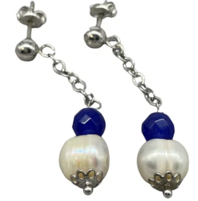 Orecchini di perle pendenti naturali bianche pietre blu argento925 vintage donna - Immagine 1 di 4