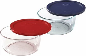 Plato redondo Pyrex Storage 7 tazas, transparente con tapas de plástico rojas + azules, paquete de 2... - Imagen 1 de 1