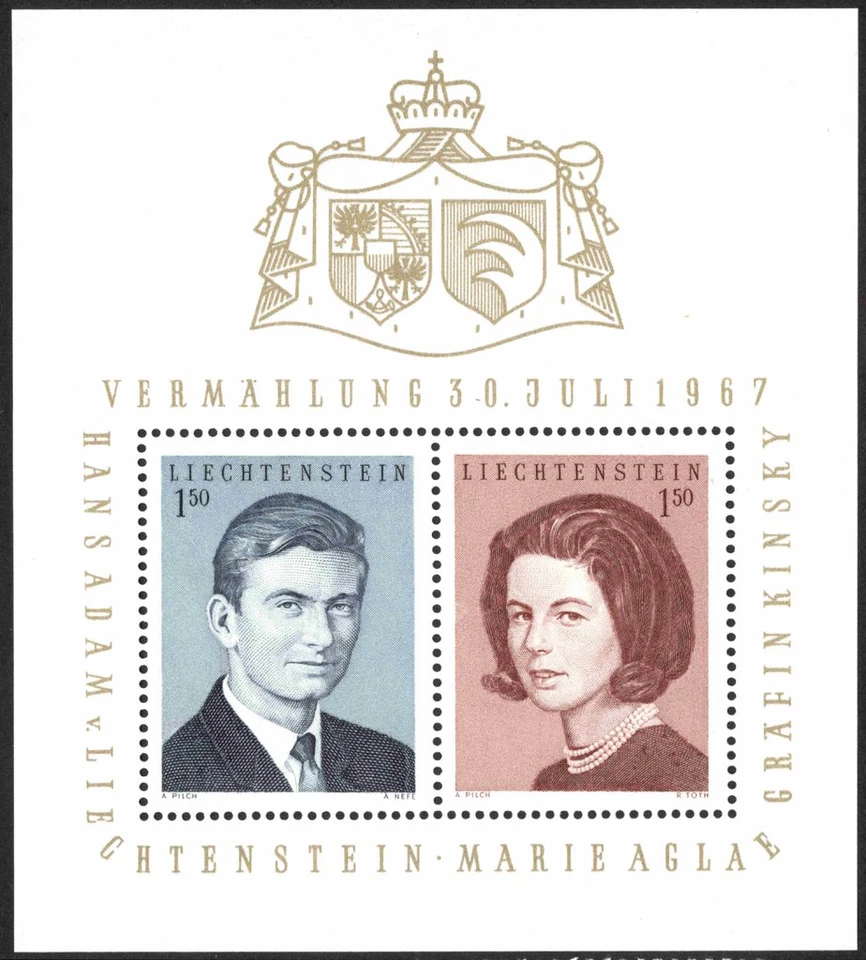 Casamento Liechtenstein #MiBl7 MNH S/S 1967 Hans Adam Marie Aglae Kinsky [424] - Imagem 1 de 1