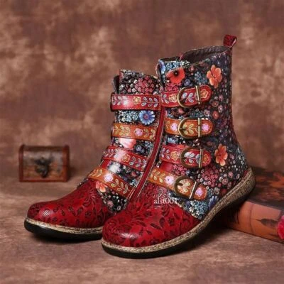 Mujeres Botas de imitación de cuero estampadas florales Mujeres Botas con cremallera Damas Zapatos Mujer Foto 1 de 4