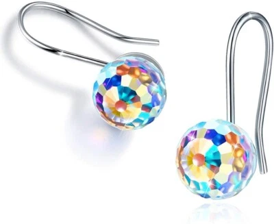 18k White Gold Plated Aurora Borealis 5MM Round Disco Ball Crystal Drop Earrings - Image 1 of 4
