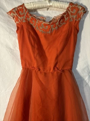 Vintage 50s Party Dress Orange Fit & Flare Lace Shoulders Cocktail Dress Tulle - Image 1 of 4