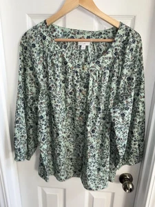 J.Jill grüne geblümte Bluse Damen L U-Boot Ausschnitt 3/4 Arm Knopfleiste Boho fließend - Bild 1 von 8