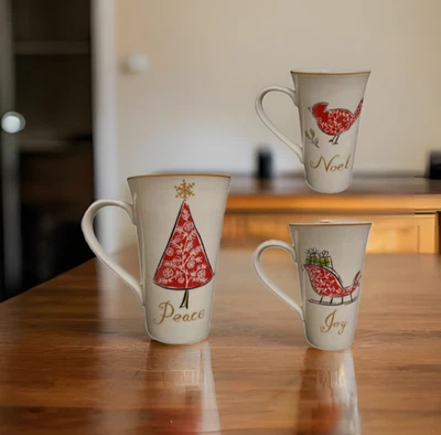 222 Fifth NATALA 3-Latte Mug Cardinal Christmas Tree Sleigh Peace Joy Noel Gold - Image 1 of 4