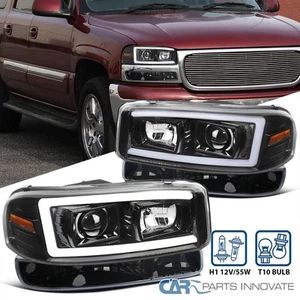 Fits 1999-2006 GMC Sierra Yukon Black LED Tube Projector Headlights+Bumper Lamps - Picture 1 of 13