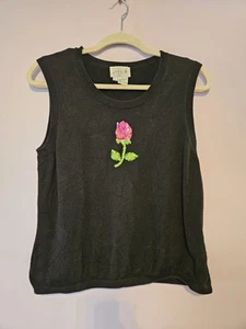 Just B Black Sweater Vest Sequined Rose Applique Size Large - Picture 1 of 4