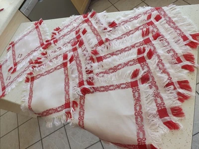 12 serviettes, fil de lin, damas rouge et blanc, anciennes - Photo 1/4