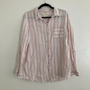 C&C California 100% Linen Striped Button Down Top White Pink Beach Nautical L - Picture 1 of 7