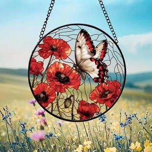 Butterfly Monarch Poppy Stained Glass Suncatcher, Insect - Picture 1 of 6