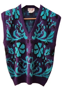 Licorice Candy Women's Medium Funky Ribbed Knit Deep V Neck Floral Vest Vest - Picture 1 of 7