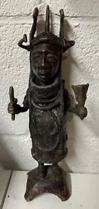 Vintage Benin Bronze Chief Statue Sculpture Nigeria 12” Tall Nice Detail! - Picture 1 of 6