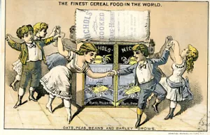 1880s Victorian Trade Card Nichols' Cooked Flake Hominy. Victorian Kids Dancing - Picture 1 of 2