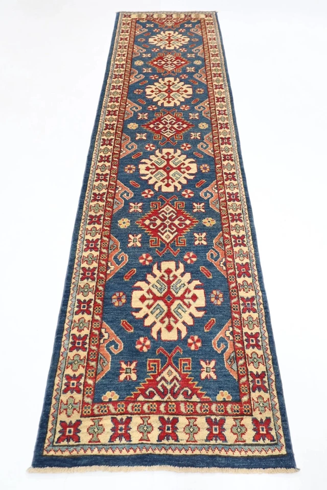 10 ft Kazak Blue Hallway Runner Rug Afghan Hand Knotted Wool Bedroom Rug - Image 1 of 4
