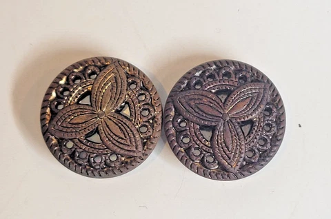 Antique Button Brass and Steel Pierced Set of Two Large 7/8" Cover