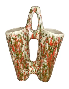 Vintage Doppel Keramik Spritzglasur Vase Übertopf grün orange 1989 - Bild 1 von 7