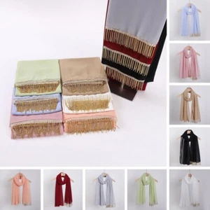 Hermoso Chifón Femenino Bufanda Larga Con Borlas Turbante Musulmán Turban Shawl - Picture 1 of 29