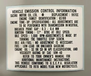 1978 SUZUKI GS1000 "VEHICLE EMISSIONCONTROL INFORMATION"SUZUKI GS1000 GS1000EC - Picture 1 of 1