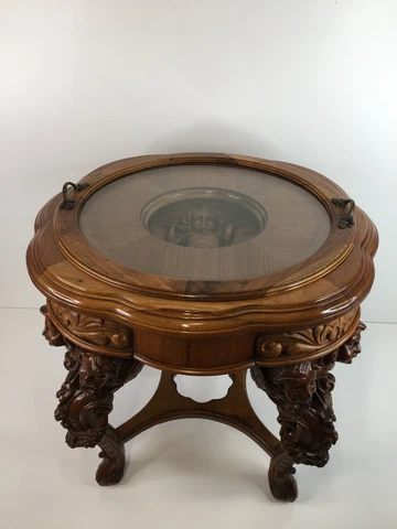 Walnut Vintage Coffee Table & Tray, Carved Angels, Cupids or Cherubs Cover