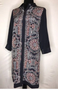 Club Monaco Silk Navy Blue Pattern Shirt Button Down Dress Size 00 Y2K Preppy - Picture 1 of 10