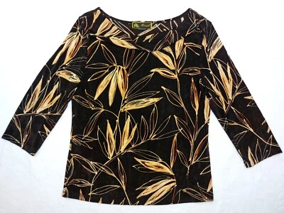 Mirasol Blouse Top Tunic Womens Large Slinky Stretch Knit Floral USA Black Gold - Image 1 of 4