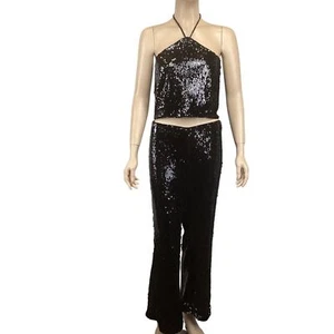 Neu mit Etikett 2-teiliges House of Harlow 1960 Revolve Pailletten Hosen & Neckholder Top Set Größe Large - Bild 1 von 9