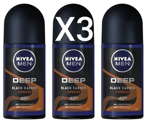 3X Nivea Men Roll On Deep Black Carbon Espresso Antiperspirant Deodorant 50ML - Picture 1 of 3