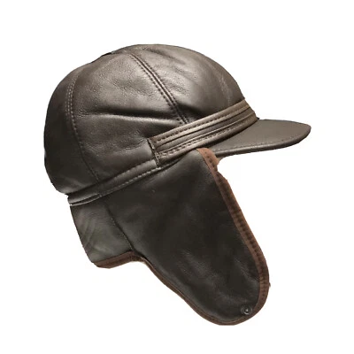 Real Sheepskin Bomber Hat Very Warm Shearing Leather Trapper Hunting Wool Lining - Image 1 of 4