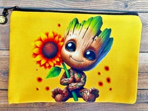 Small Canvas Accessory Pouch Zipper Portable Yellow Baby Groot Sunflowers RTS - Picture 1 of 1