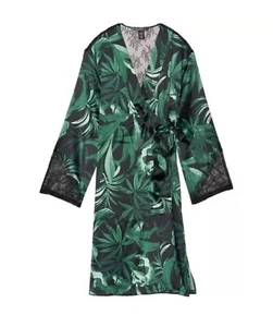 Victorias Secret Green Palm Leaf Black Lace Robe Duster Whimsigoth Festival M/L - Picture 1 of 11