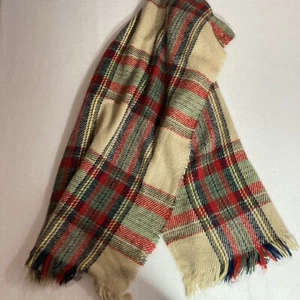 Wide Plaid Scarf Tan Green Red Fringe/Raw Hem One Size Knit Acrylic Very Soft - Picture 1 of 4