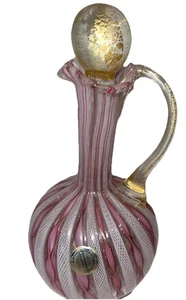 Venetian Murano Zanfirico Latticino Pink Ribbon Art Gold Fleck Glass Cruet 7" - Picture 1 of 7