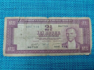 🇹🇷 Turkey 2 1/2 half  lira 1930 ( 1955 ) P-151  series T14 banknotes 110525-3 - Image 1 of 4