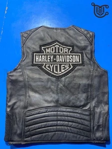 Harley-Davidson Men’s Black Leather Motorcycle Vest | Genuine Cowhide Biker Club - Picture 1 of 7