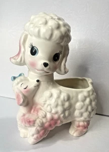 Kitschiger Vintage. 50er Jahre weiß & rosa Mama Pudel Hund mit ihrem Baby Pflanzgefäß E-9264 - Bild 1 von 14