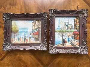 Vintage Arco di Trionfo Torre Eiffel Norte Dame Parigi 2 dipinti ad olio impressionisti - Foto 1 di 13