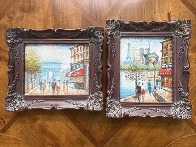 2 pinturas al óleo impresionistas de colección Arco del Triunfo Torre Eiffel Norte Dame París Foto 1 de 4