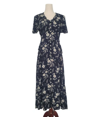 Vintage Fashion Bug Floral  Shirt Maxi Dress Size 6 Black Prairie Cottagecore - Image 1 of 4