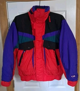 Vtg CB Sports Jacket Mens L Winter Ski Parka Red Color Block Puffer Full Zip 80s - Picture 1 of 15