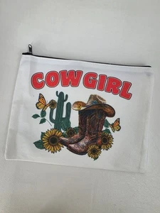 New Cowgirl Printed Canvas Zipper Pouch With Sunflowers & Cactus Design 9"x7" - Picture 1 of 8