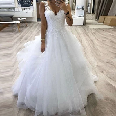 Vestidos de noiva praia simples apliques de renda gola V princesa vestidos de noiva personalizados - Imagem 1 de 4