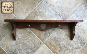 28" Vintage Farmhouse Country Cabin Cottage Wooden Shelf, Heart Cutout, 2 Pegs - Picture 1 of 12