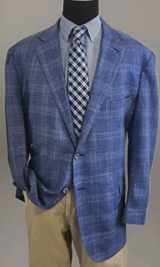 Joseph Abboud 52R Blue Plaid Blazer Linen Wool Silk Sport Coat 2 Button Jacket - Picture 1 of 19