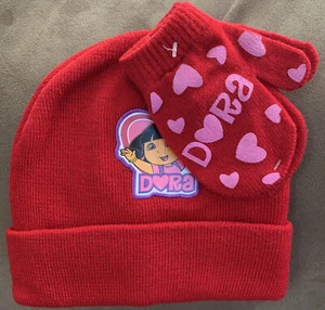GIRLS HAT & MITTEN SET DORA RED W/PINK HEARTS WARM SUPER CUTE!! - Picture 1 of 2