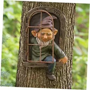 Garden Gnomes Elf Out 3D Dwarves Outdoor Tree Sculpture The Door Tree Hugger - Picture 1 of 8