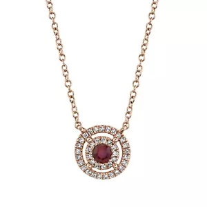 14K Rose Gold Ruby Diamond Pendant Necklace Double 2 Halo Round Circle Natural - Picture 1 of 4