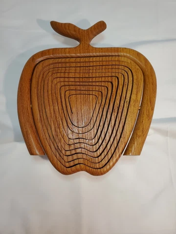 Apple Shaped Folding Collapsible Wooden Basket Fruit Bowl Trivet Country Décor Cover