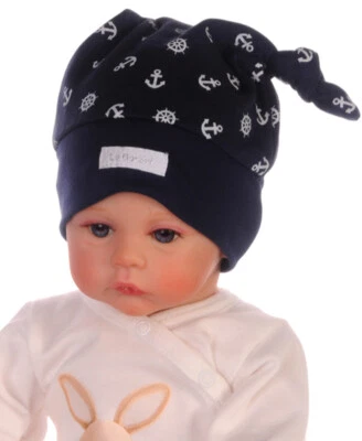 Erstlingsmütze Mütze Babymütze Haube Mützchen Knotenmütze Zipfelmütze mit Anker - Bild 1 von 2