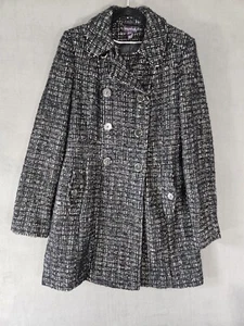 Chaqueta Abrigo Larga Alta Sally Mujer Guisante Negra Blanca Mezcla de Lana Texturizada Talla 10 - Imagen 1 de 9